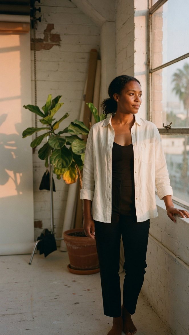 A woman stands barefoot by a tall studio window in warm afternoon light.