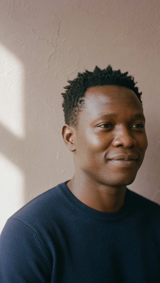 Jonah Adeyemi, actor, in a navy knit.