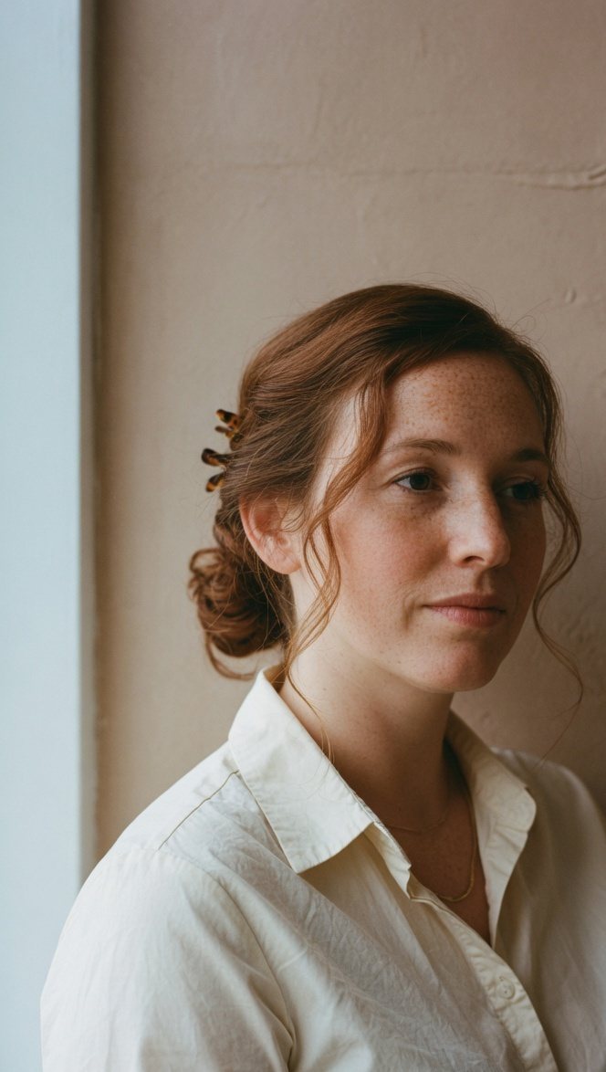 Nadia Voss, actor, in a cream shirt beside a window.